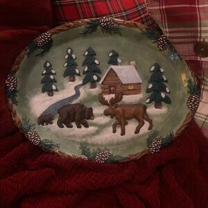 Bico Rustic Winter Scene Christmas Platter Moose Bear Acorns Cabin Snow GORGEOUS